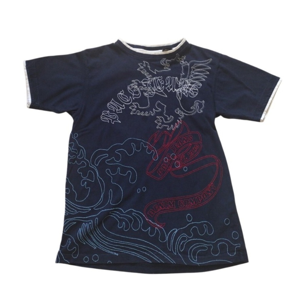 Vtg‎ Paco Jeans T Shirt Boys Small Navy Embroidered Spell out Logo Crew Neck